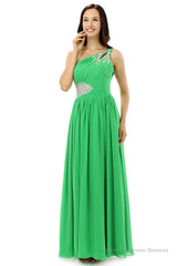 Green One Shoulder Chiffon With Crystal Pleats Bridesmaid Dresses