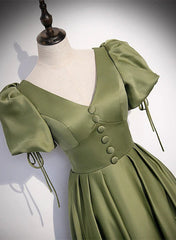 Green Satin A-line Puffy Sleeves A-line Prom Dress, V-neck Simple Long Formal Party Gown