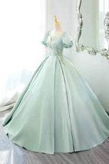 Green Satin Lace Long Prom Dress, Beautiful A-Line Short Sleeve Evening Party Dress