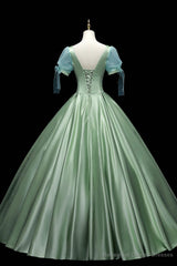 Green Satin Long A-Line Ball Gown, Short Sleeve Green Formal Evening Dress