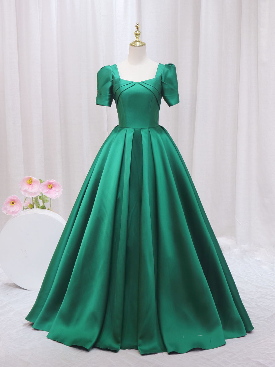 Green Satin Short Sleeve Square Neck Prom Dress