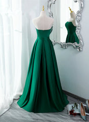 Green Satin Simple Long Party Dress with Leg Slit, Green A-ine Junior Prom Dress