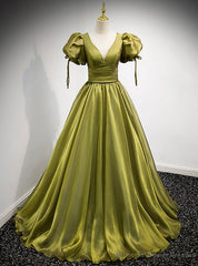 Green Satin V-neck Puff Sleeve Prom Dress