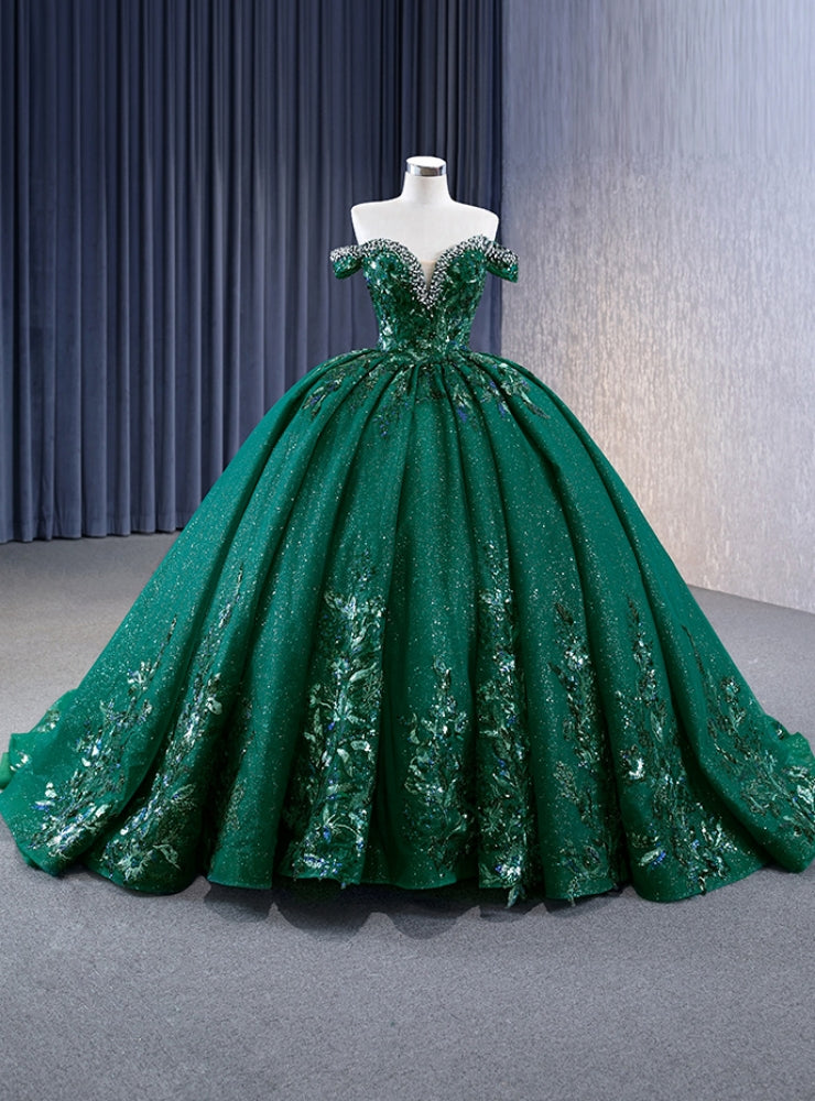 Green Sequins Off the Shoulder Crystal Prom Dress