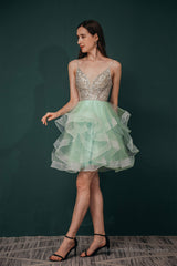 Short A-Line V Neck Tiered Shiny Beads Crystal Homecoming Dresses