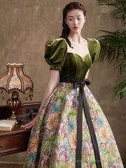 Green Short Sleeves Velvet Floral Long Party Dress, Green A-line Prom Dress