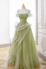 Green Strapless Prom Dress Off the Shoulder A Line Lace Printed Dress