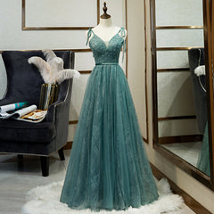 Green Straps V-neckline Floor Length Party Dress, Simple Junior Prom Dresses