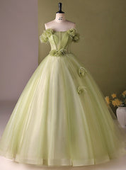 Green Tulle Off the Shoulder Pleats Flower Quinceanera Dress