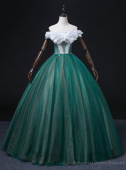 Green Tulle Off the Shoulder Sequins Pearls Quinceanera Dress