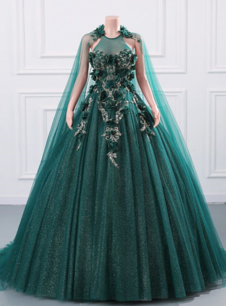 Green Tulle Sequins 3D Flower Lace Quinceanera Dress