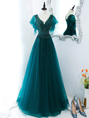 Green V Neck Sequin Beads Long Prom Dress, Green Formal Bridesmaid Dresses