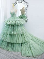 Green v neck tulle long prom gown, green tulle sweet 16 dress