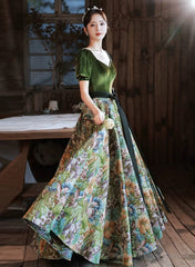 Green Velvet Floral Short Sleeves Long Prom Dress, Green Sweetheart Party Dress