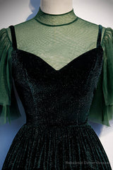 Green Velvet Long A-Line Prom Dress, Green Formal Evening Dress