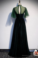 Green Velvet Long A-Line Prom Dress, Green Formal Evening Dress