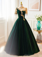 Green Velvet Short Sleeve Beading Prom Dress