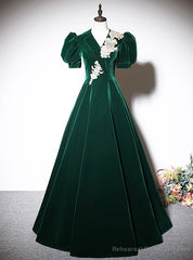 Green Velvet Short Sleeve V-neck Prom Dress