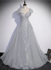 Grey A-line Tulle Short Sleeves Long Formal Dress, Grey Tulle Lace Party Dress Prom Dress