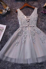 Grey Lace-up Tulle Short Homecoming Dress with Lace Appliques