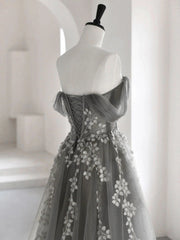 Grey Off Shoulder Tulle with Lace Applique Long Party Dress,Grey Prom Dress