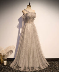 Grey One Shoulder Pearls Tulle Long Evening Dress, Light Grey Party Dress Formal Dress