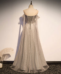 Grey One Shoulder Pearls Tulle Long Evening Dress, Light Grey Party Dress Formal Dress