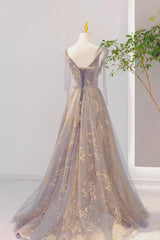 Grey V-Neck Sequins Long Formal Dress, Grey Tulle Prom Dress