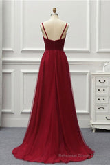 A Line High Low Tulle Prom Dress with Train, Burgundy V Neck Backless Formal Dress