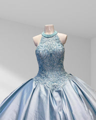 Halter Beaded Sky Blue Satin Ball Gown Quincea?era Dress