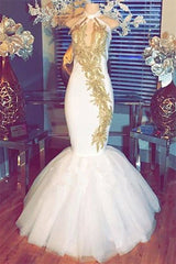 Halter Gold Beads Mermaid Prom Dresses Sleeveless White Evening Gown With Appliques