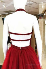 Halter Neck Open Back Beaded Burgundy Prom Dress, Backless Burgundy Homecoming Dress, Short Burgundy Formal Evening Dress