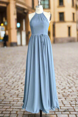 Halter Open Back High Neck Chiffon Long Dusty Blue Plus Size Bridesmaid Dress