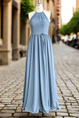 Halter Open Back High Neck Chiffon Long Dusty Blue Plus Size Bridesmaid Dress