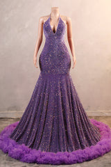 Halter Purple Prom Dresses Sequin Long Evening Dresses with Fringe