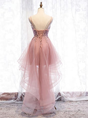 High Low Pink Lace Prom Dresses, Pink High Low Formal Graduation Homecoming Dresses