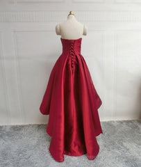 High Low Sweetheart Neck Strapless Backless Satin Red Prom Dresses, Red Graduation Dresses, Red Backless Formal Evening Dresses