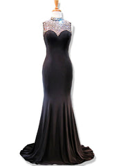 High Neck Beaded Crystals Floor Length Black Mermaid Prom Dress