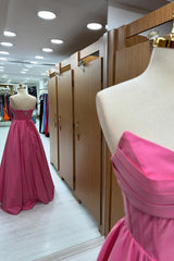 Hot Pink Strapless Lace-Up A-Line Long Formal Dress