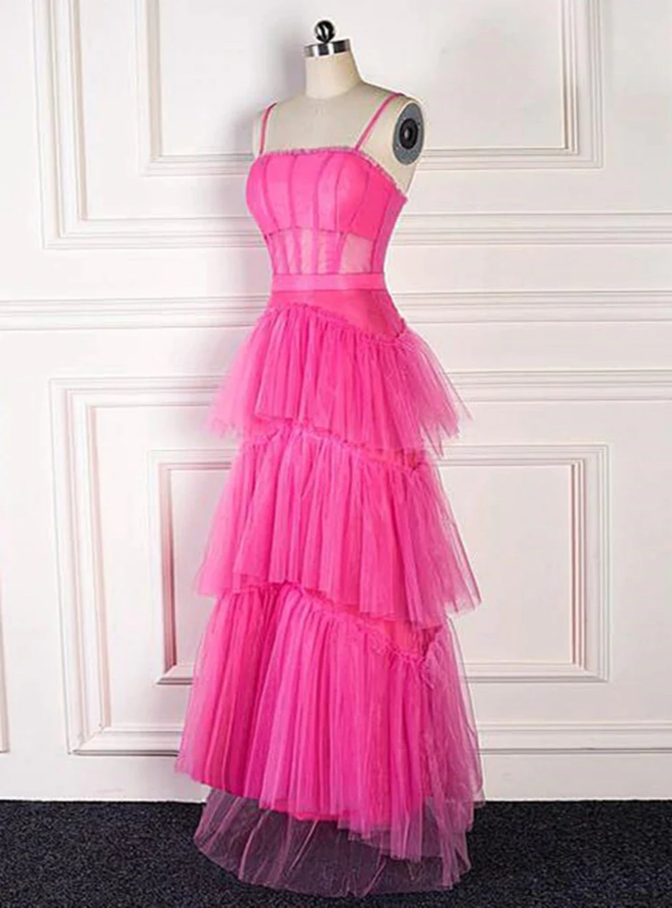 Hot Pink Tulle Spaghetti Straps Tiers Prom Dress