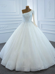 Hottest Items White Tulle One Shoulder Long Sleeve Pearls Wedding Dress