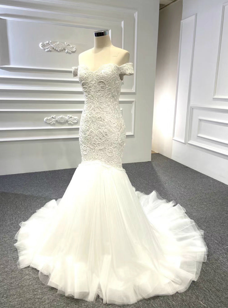 Is Now Available.White Mermaid Tulle Off the Shoulder Embroidery Beading Wedding Dress