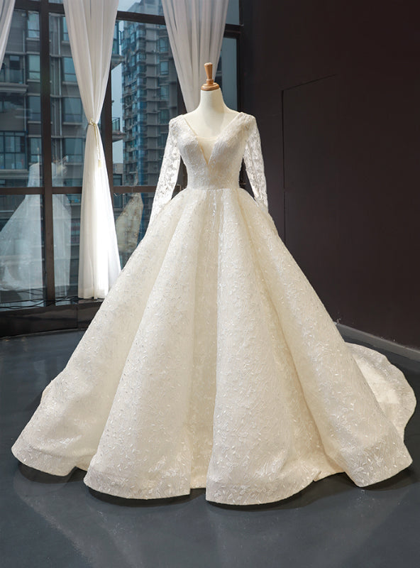 Ivory Ball Gown V-neck Long Sleeve Appliques Backless Wedding Dress