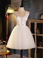 Ivory Tulle Satin V-neck Backless Homecoming Dress