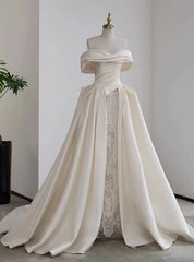 Ivory White Satin Lace Off the Shoulder Wedding Dress