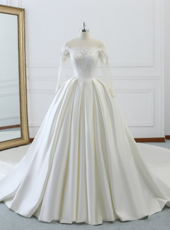 Ivory White Satin Off The Shoulder Long Sleeve Wedding Dress With Train