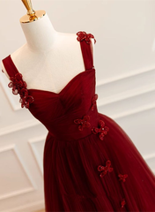 A Line Tulle Long Formal Dress Wine Red Evening Dress