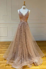 Sparkly Spaghetti Straps V Neck Lace Appliques Prom Dresses, Long Evening Dresses