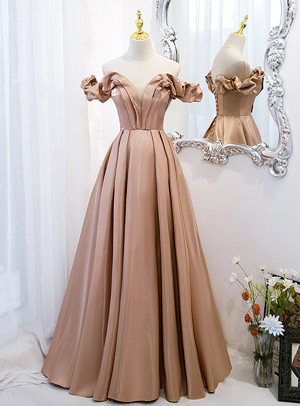 Khaki Satin Off the Shoulder Prom Dress