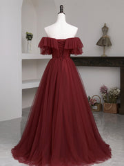 Burgundy Tulle Floor Length Prom Dress, Simple A-Line Evening Party Dress